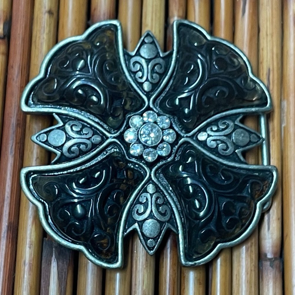 FANCY VINTAGE CARVED SMOKY ACRYLIC CARVED PEWTER METAL CRYSTALS BELT BUCKLE